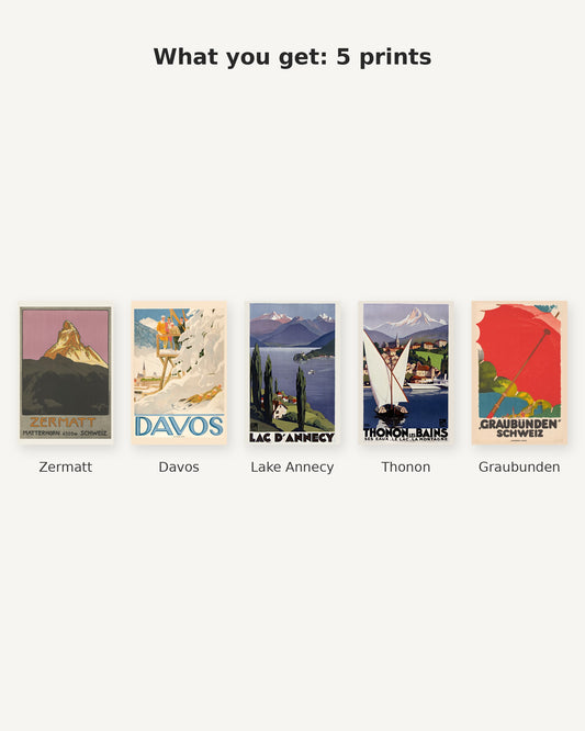 What you get: 5 Alps vintage travel posters - Zermatt, Davos, Lake Annecy, Thonon, Graubunden