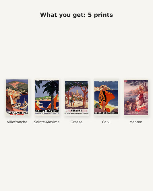 What you get: 5 vintage French Riviera travel prints - Villefranche-sur-Mer, Sainte-Maxime, Grasse, Calvi, Menton