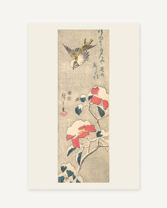 Sparrow and Snowy Camellia by Hiroshige (c. 1845) Japanese woodblock print - full print with paper-tone margin