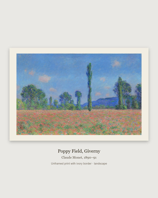 Poppy Field, Giverny Claude Monet print, full painting with ivory border, unframed landscape