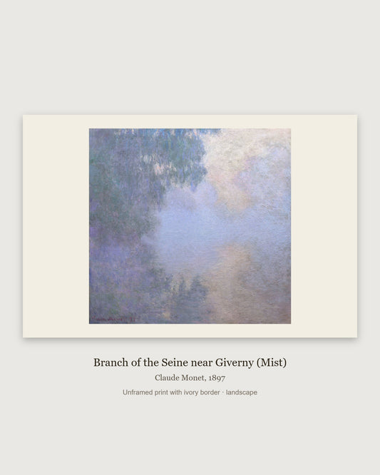 Seine near Giverny in the Mist Claude Monet print, full painting with ivory border, unframed landscape