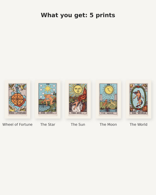What you get: 5 vintage tarot prints by Pamela Colman Smith, 1909 - Wheel of Fortune, The Star, The Sun, The Moon, The World