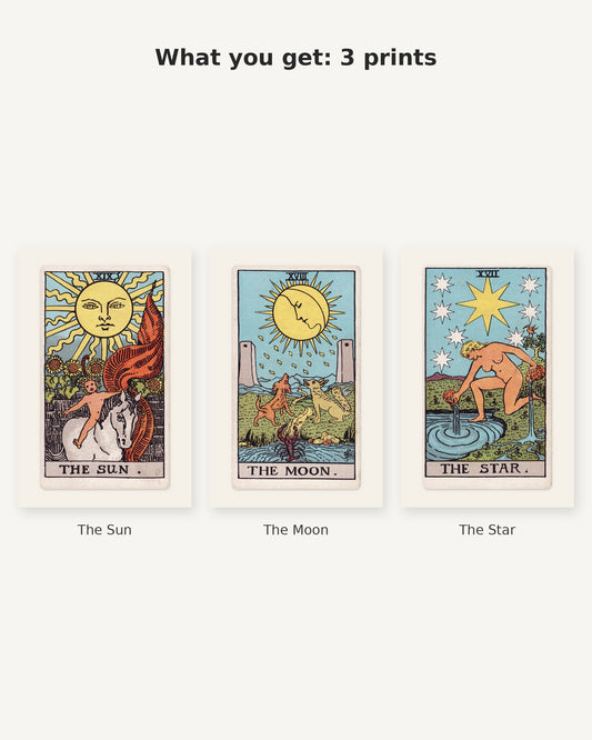 What you get: 3 vintage tarot prints - The Sun, The Moon, The Star by Pamela Colman Smith, 1909