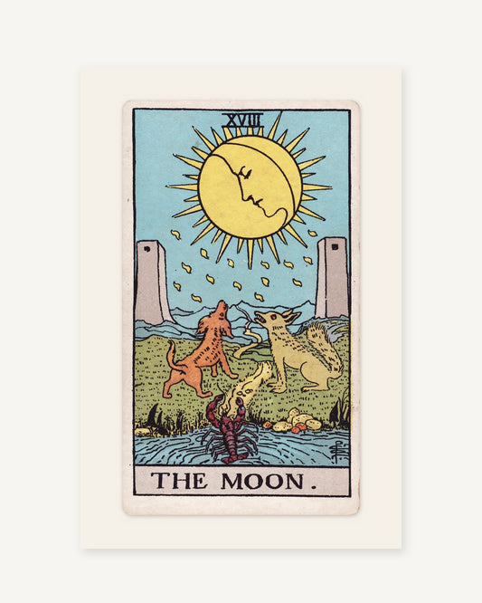 The Moon tarot card print, Pamela Colman Smith 1909, full card on an ivory border