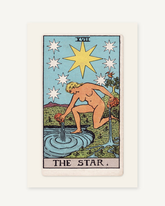 The Star tarot card print, Pamela Colman Smith 1909, full card on an ivory border