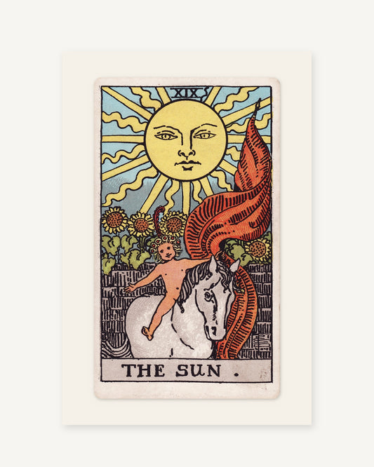 The Sun tarot card print, Pamela Colman Smith 1909, full card on an ivory border