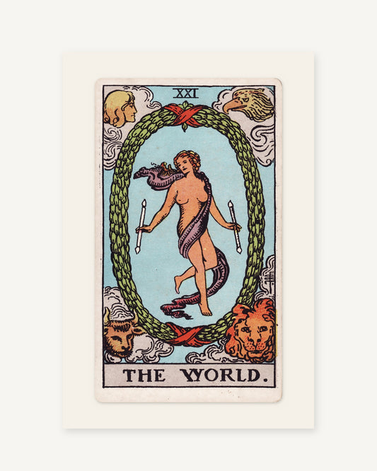 The World tarot card print, Pamela Colman Smith 1909, full card on an ivory border