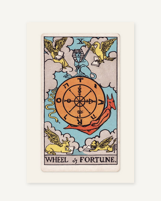 Wheel of Fortune tarot card print, Pamela Colman Smith 1909, full card on an ivory border
