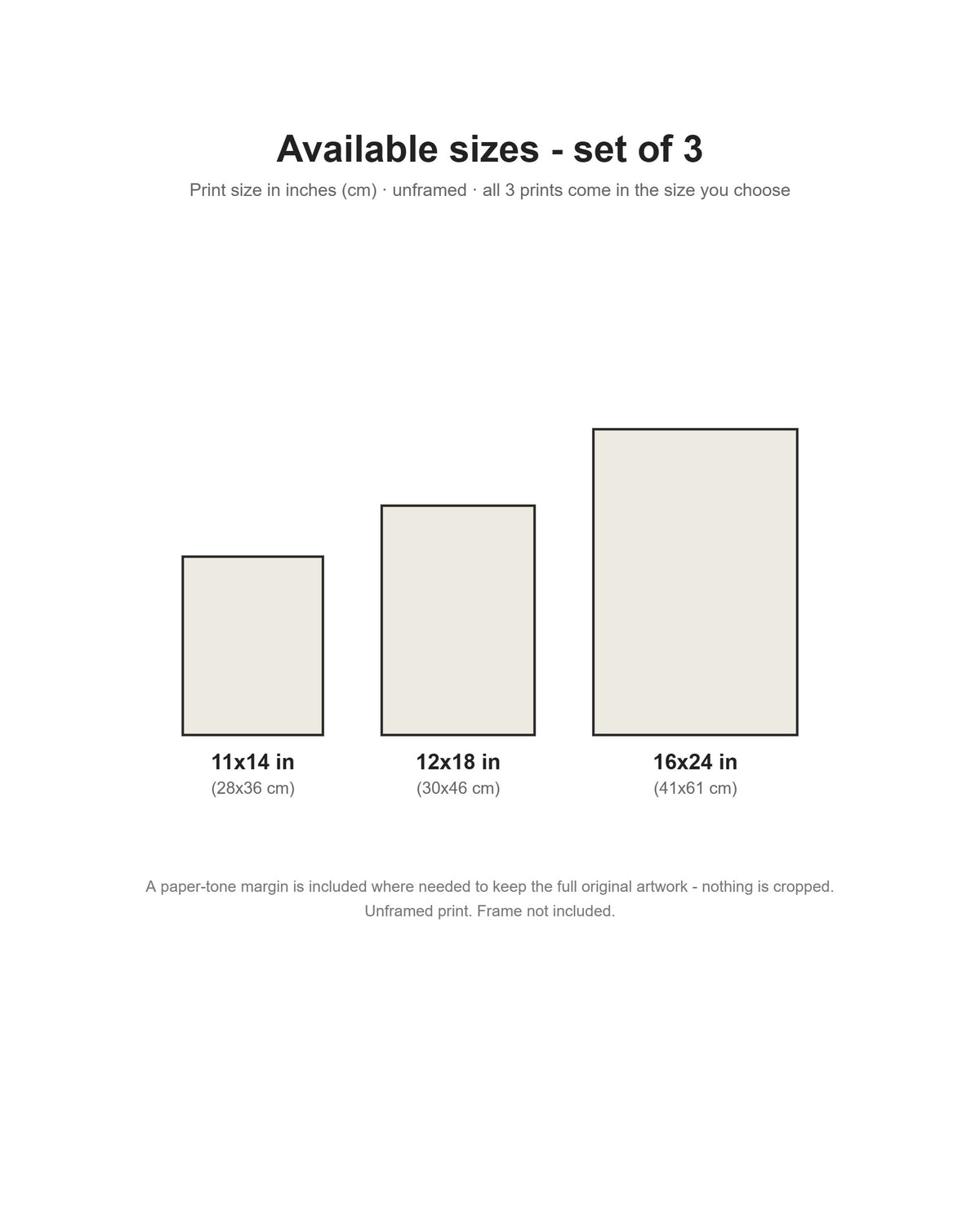 Japanese woodblock animal print set of 3 size chart: 11x14, 12x18, 16x24 inches