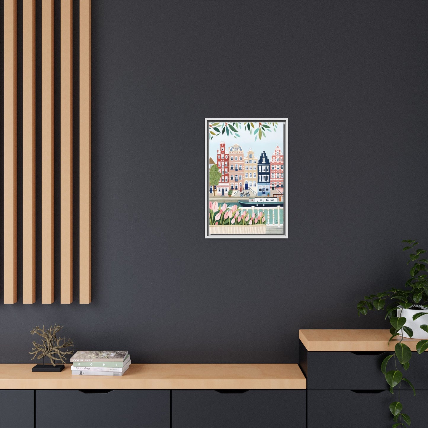 Amsterdam Framed Canvas Art, Colorful Cityscape, Vibrant Home Decor, Wall Art for Living Room, Housewarming Gift, Artistic Wall Decor, Floral Design