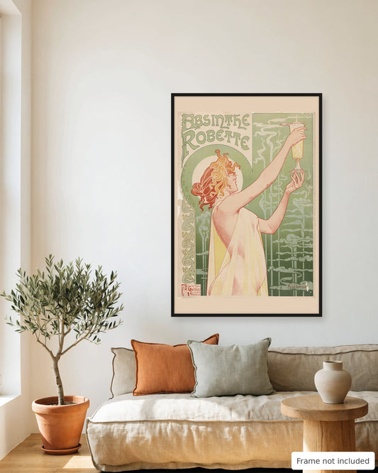 Absinthe Robette poster by Privat-Livemont (1896) framed on a living room wall above a linen sofa