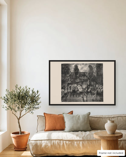 Main Tennis by George Bellows 1920 black and white tennis lithograph print framed in a living room