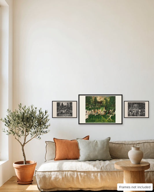 Main George Bellows tennis print set of 3 as a gallery wall in a living room