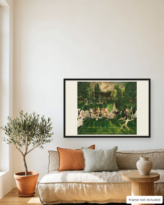 Main Tennis Tournament by George Bellows 1920 vintage tennis print framed in a living room