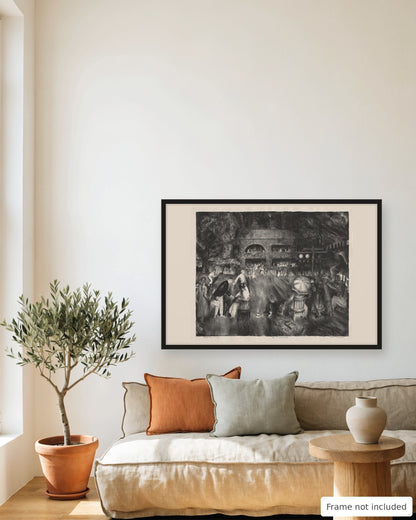 Main The Tournament by George Bellows 1920 black and white tennis lithograph print framed in a living room