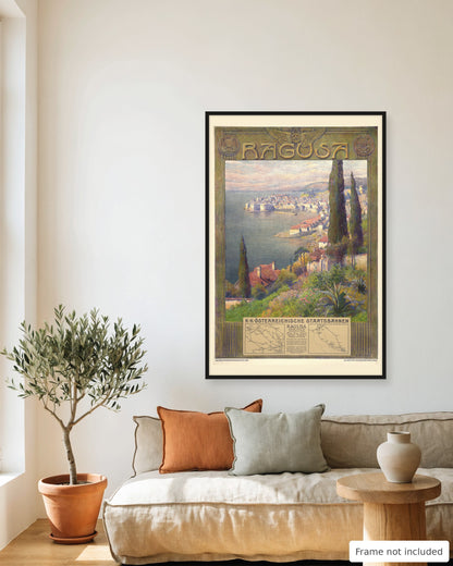 Dubrovnik vintage travel poster (1907) framed on a living room wall above a linen sofa
