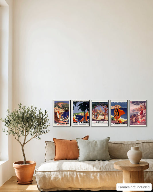 French Riviera vintage poster set of 5 - Villefranche-sur-Mer, Sainte-Maxime, Grasse, Calvi and Menton framed as a gallery wall above a sofa