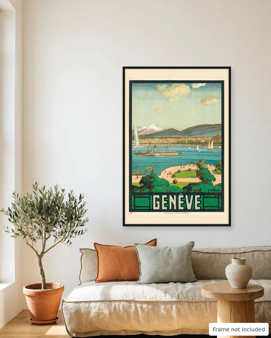 Geneva vintage travel poster (1926) framed on a living room wall above a linen sofa