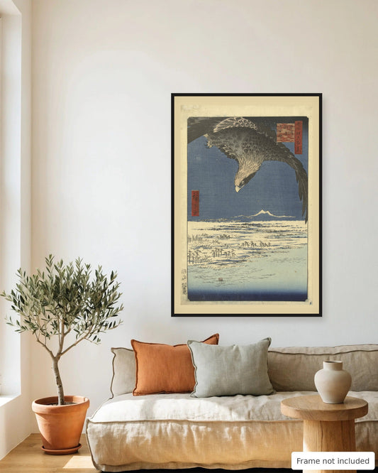 Eagle over the Snowy Plain by Hiroshige (1857) framed on a living room wall - frame not included