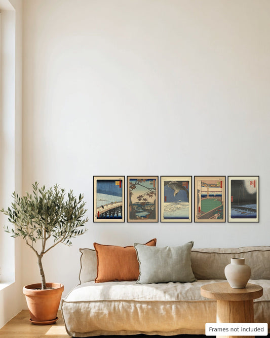 Hiroshige One Hundred Famous Views of Edo Print Set of 5 framed as a gallery wall above a sofa - frames not included