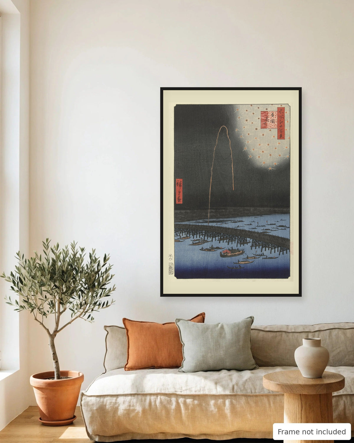 Fireworks at Ryogoku by Hiroshige (1858) framed on a living room wall - frame not included