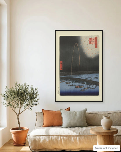 Fireworks at Ryogoku by Hiroshige (1858) framed on a living room wall - frame not included