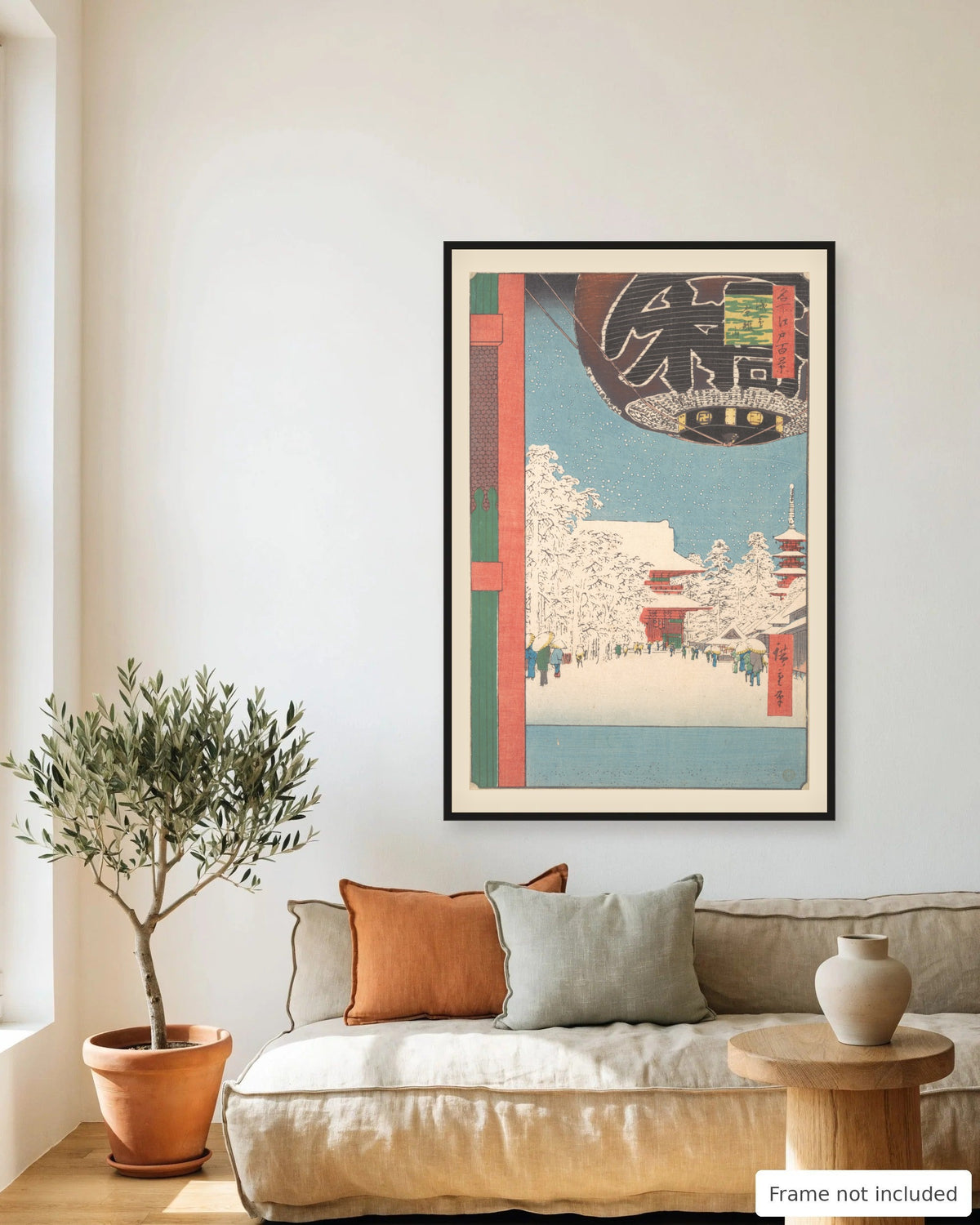 Kinryuzan Temple in Snow by Hiroshige (1856) framed on a living room wall - frame not included