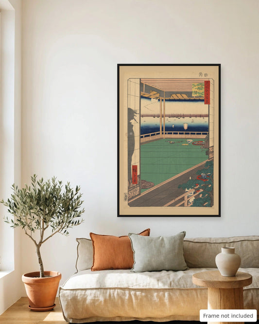 Moon-Viewing Point by Hiroshige (1857) framed on a living room wall - frame not included