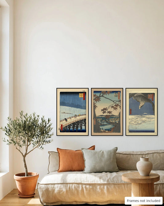 Hiroshige Seasons of Edo Print Set of 3 framed as a gallery wall above a sofa - frames not included