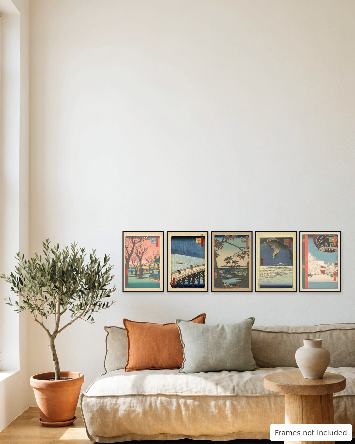 Hiroshige Seasons of Edo Print Set of 5 framed as a gallery wall above a sofa - frames not included