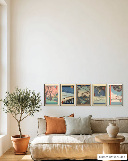 Hiroshige Seasons of Edo Print Set of 5 framed as a gallery wall above a sofa - frames not included