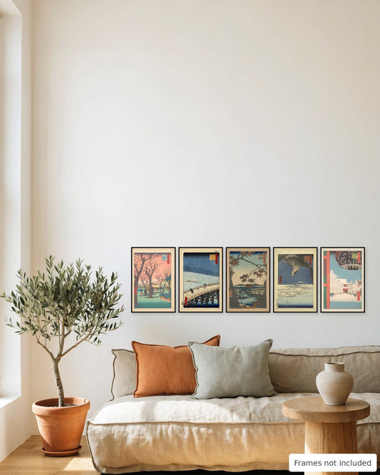 Hiroshige Seasons of Edo Print Set of 5 framed as a gallery wall above a sofa - frames not included