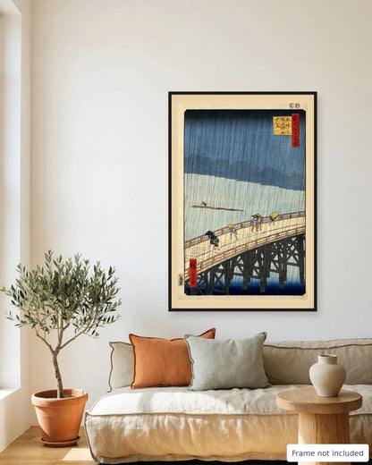 Sudden Shower over Shin-Ohashi Bridge by Hiroshige (1857) framed on a living room wall - frame not included