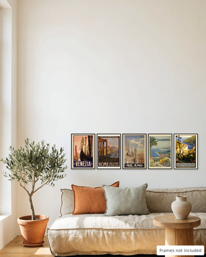 Italy vintage poster set of 5 - Venice, Rome, Milan, Sanremo and Portofino framed as a gallery wall above a sofa