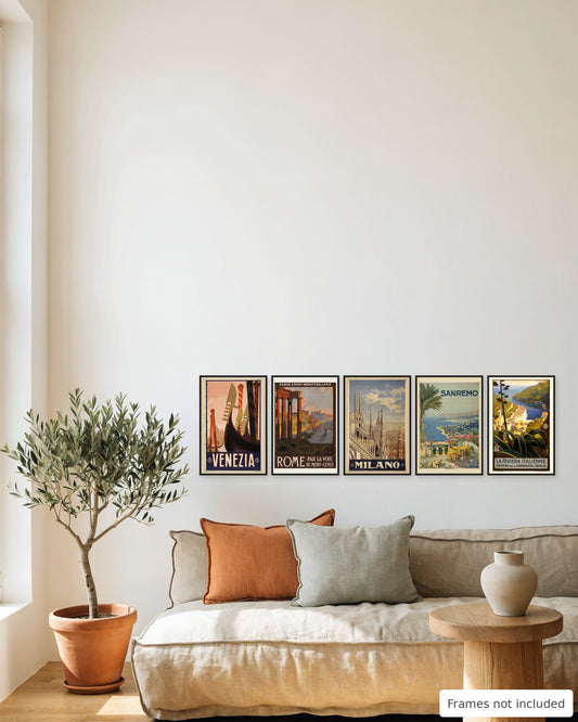 Italy vintage poster set of 5 - Venice, Rome, Milan, Sanremo and Portofino framed as a gallery wall above a sofa