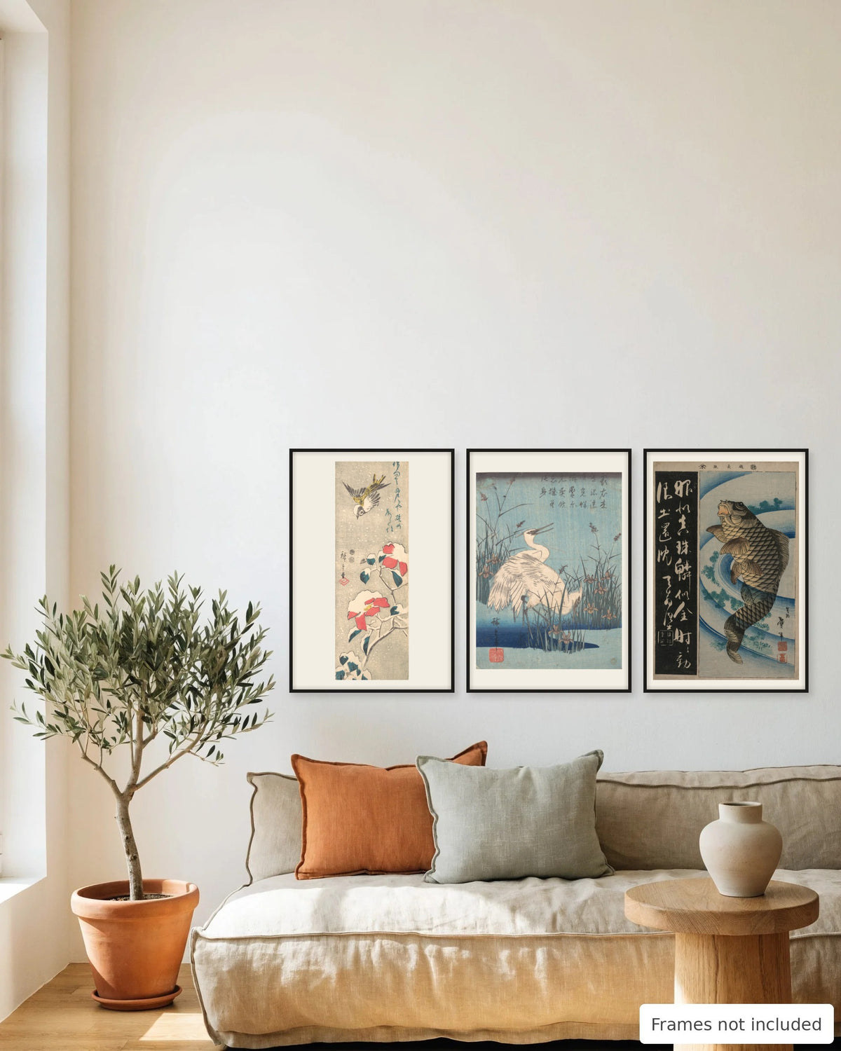 Japanese woodblock animal print set of 3 framed as a gallery wall above a sofa - frames not included