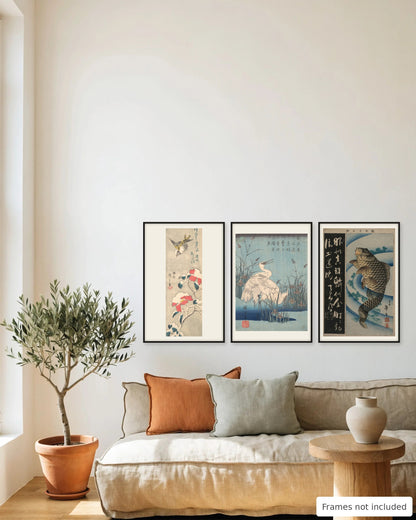 Japanese woodblock animal print set of 3 framed as a gallery wall above a sofa - frames not included