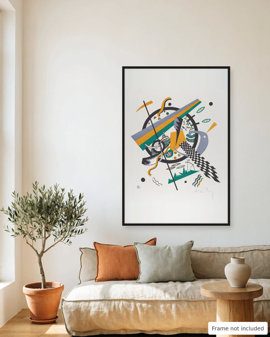 Small Worlds IV print by Wassily Kandinsky (1922) framed on a living room wall above a linen sofa