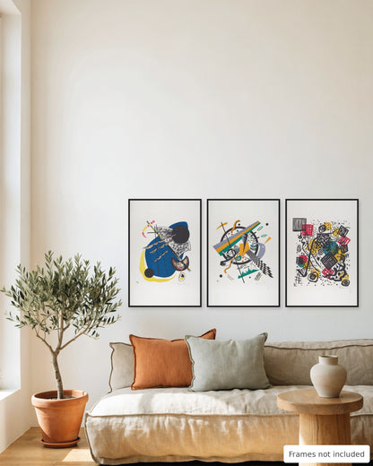 Kandinsky Small Worlds set of 3 - Small Worlds II, IV and V framed as a gallery wall above a sofa