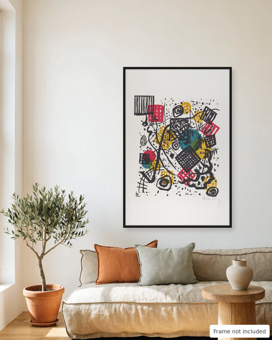 Small Worlds V print by Wassily Kandinsky (1922) framed on a living room wall above a linen sofa