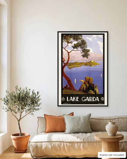 Lake Garda vintage travel poster (1924) framed on a living room wall above a linen sofa