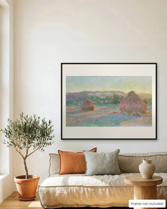Stacks of Wheat (End of Summer) by Claude Monet (1890-91) framed on a living room wall - frame not included