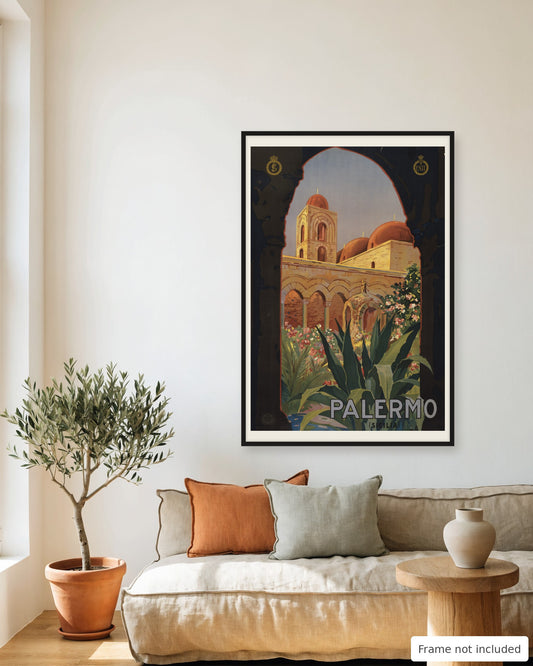 Palermo vintage travel poster (1920) framed on a living room wall above a linen sofa