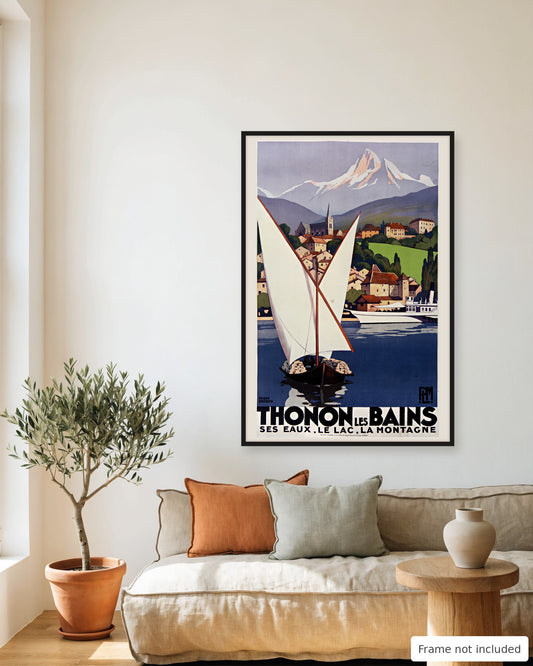 Thonon-les-Bains vintage travel poster (1929) framed on a living room wall above a linen sofa
