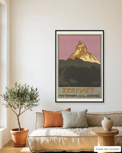 Zermatt vintage travel poster (1908) framed on a living room wall above a linen sofa