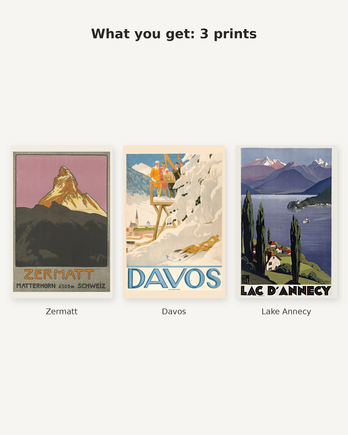 What you get: 3 vintage Alpine travel prints - Zermatt, Davos, Lake Annecy