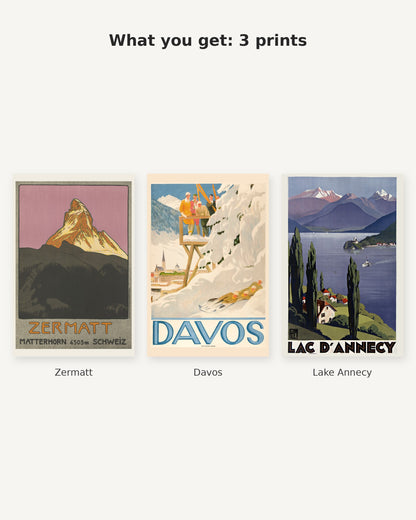 What you get: 3 vintage Alpine travel prints - Zermatt, Davos, Lake Annecy