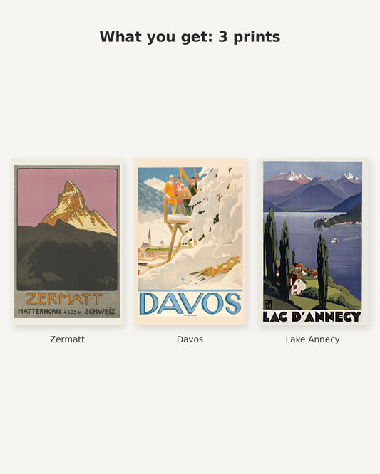 What you get: 3 vintage Alpine travel prints - Zermatt, Davos, Lake Annecy