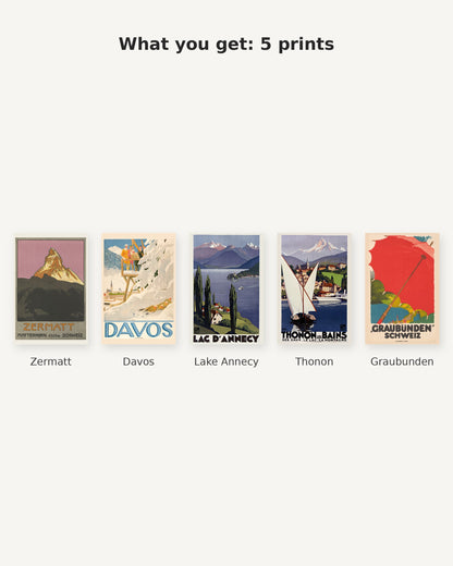 What you get: 5 Alps vintage travel posters - Zermatt, Davos, Lake Annecy, Thonon, Graubunden