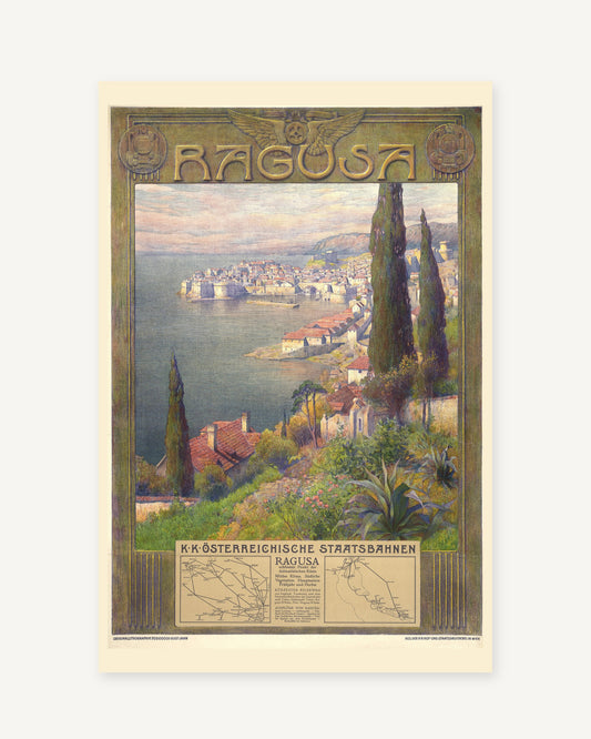 Dubrovnik vintage travel poster (1907) - full print with white border